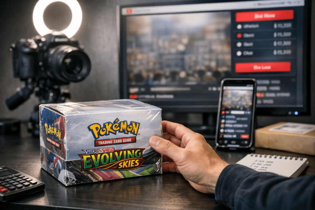 Leilão ao vivo de booster box Pokémon: como funciona, riscos e como comprar melhor