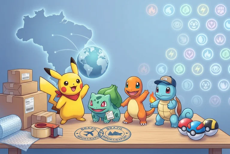 Ilustração de personagens Pokémon com caixas e selo “Brazil Import/Export”, representando importação de produtos Pokémon do Brasil.